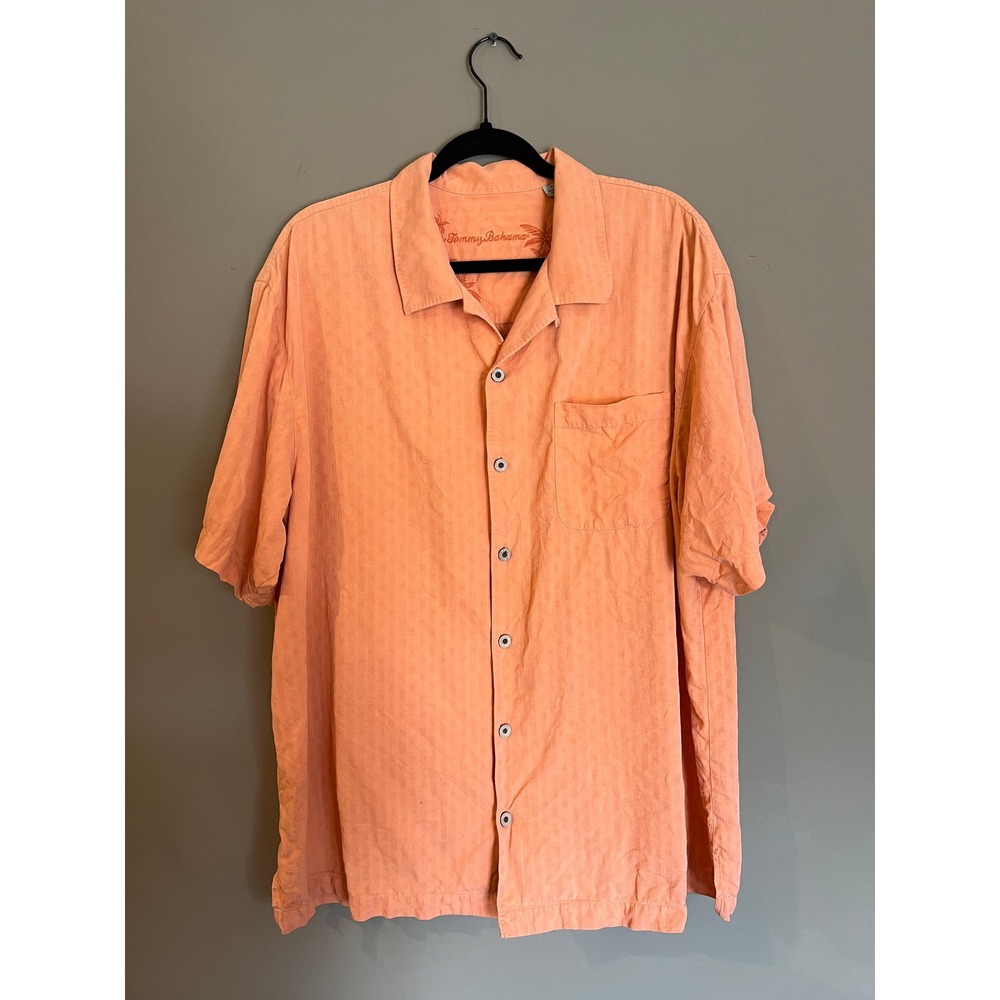 Tommy Bahama Mens XL Silk Short Sleeve Button Down Shirt Peach Orange Tropical